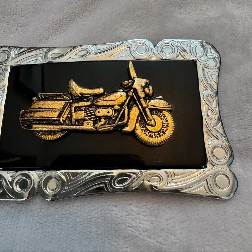 Vintage Baun Belt Buckle Motorcycle‎ Design Black Enamel Silver Frame 3.5”